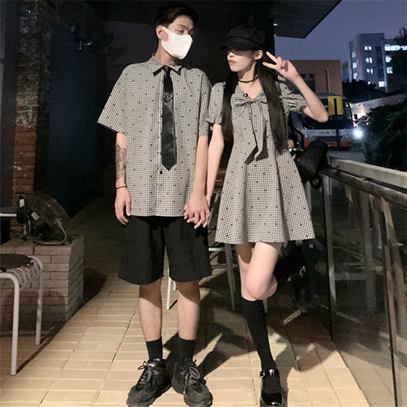 ペアルック 千鳥格子リボン付きペアルックワンピース