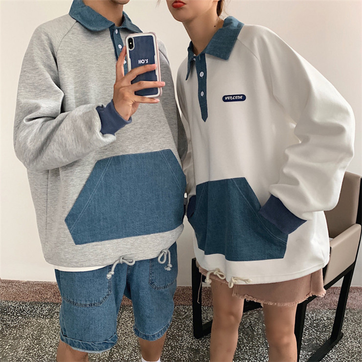 ペアルック 襟付きペアパーカー カップル お揃い配色切り替え