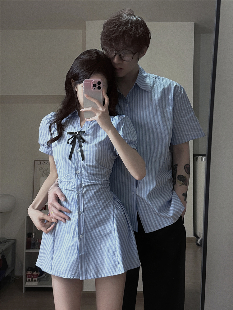 ペアルック 縦縞リボンプリーツペアシャツ