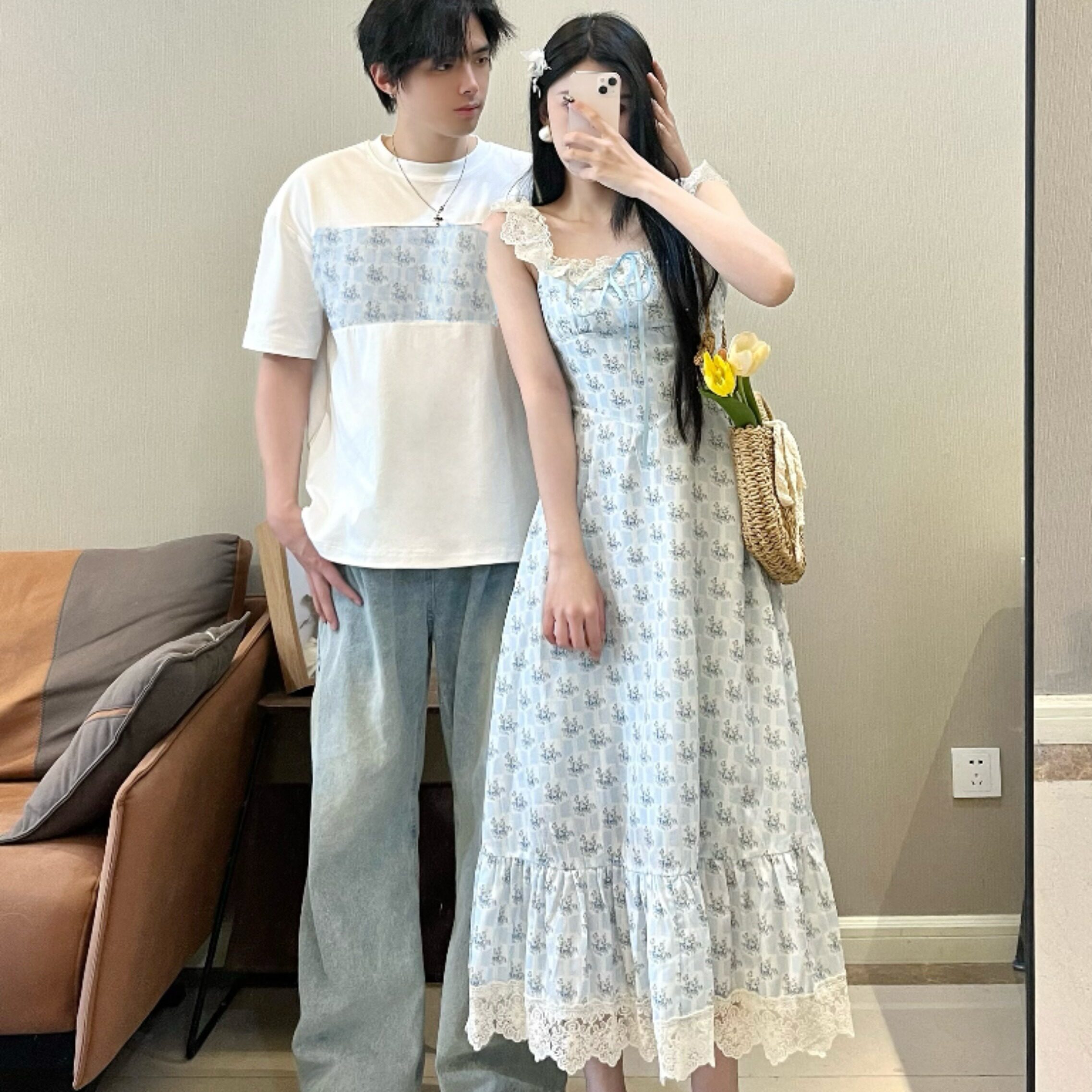 ペアルック 花柄レース裾キャミワンピースペアルックセット