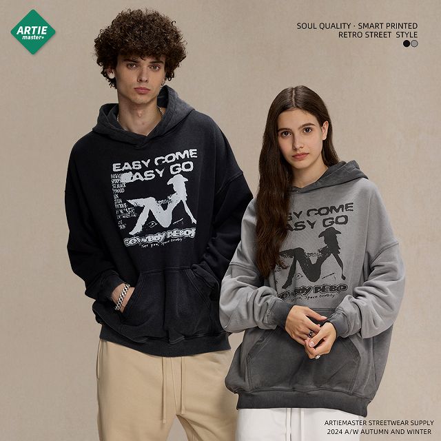 ペアルック 男女兼用 厚手裏起毛パーカー 復古風 秋冬 全2色