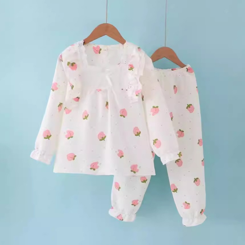 子どもパジャマ 小花柄フリル付きキッズルームウェア