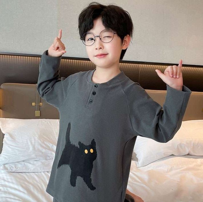 子どもパジャマ ねこシルエット ふわもこ おやすみセット