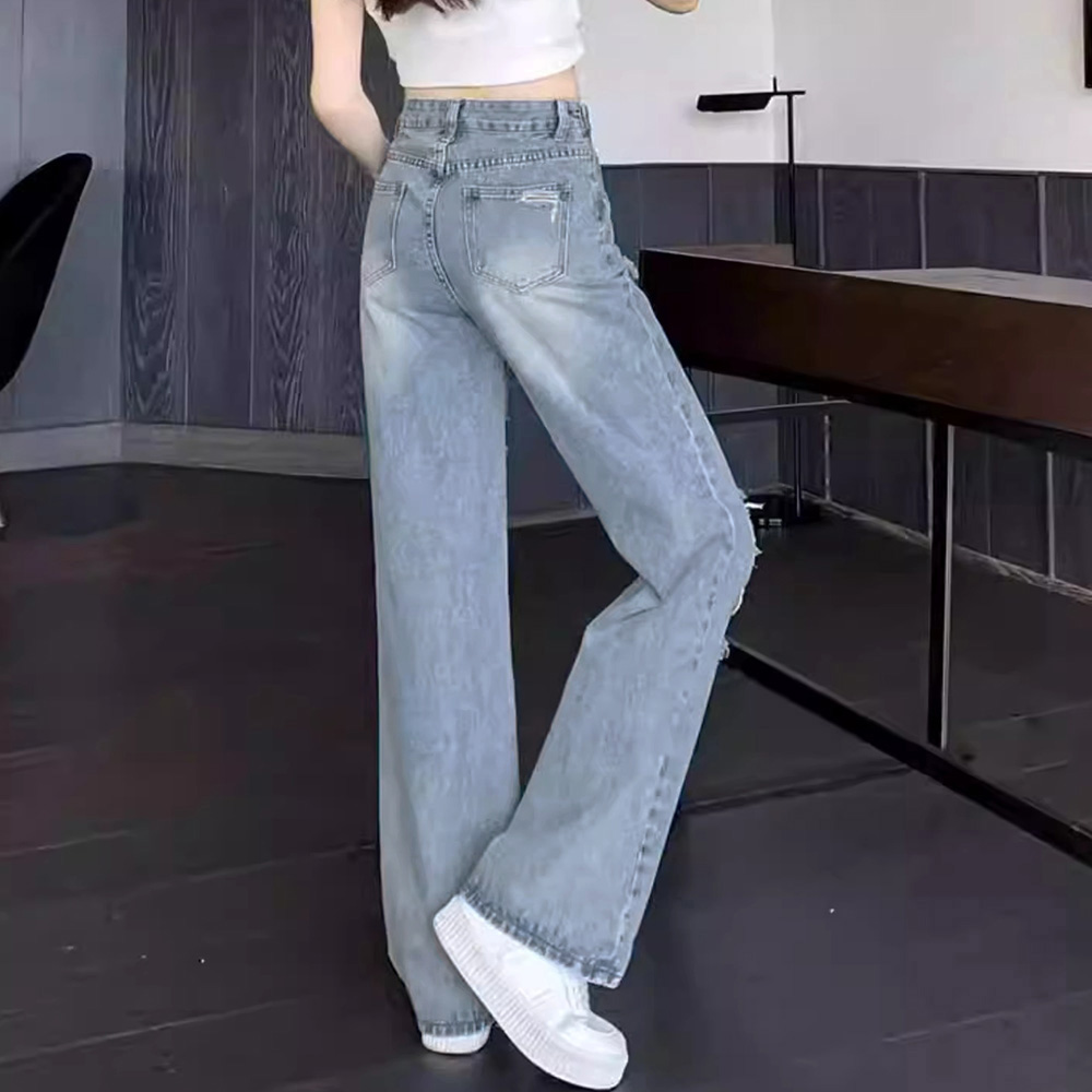 ワークパンツ ハイウエスト ダメージ加工 デニムパンツ 美脚効果