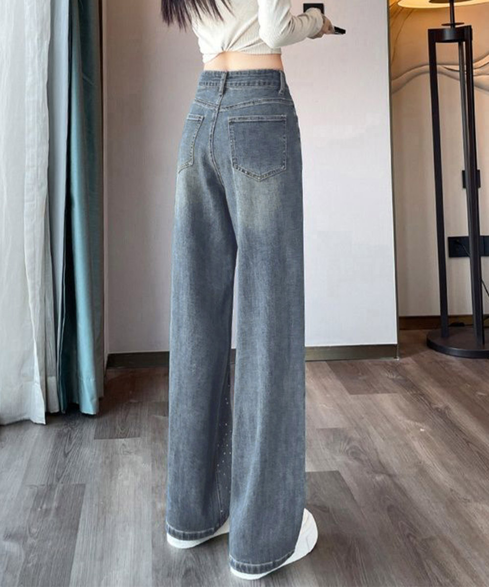 ワークパンツ 輝くラインストーンデニムパンツ
