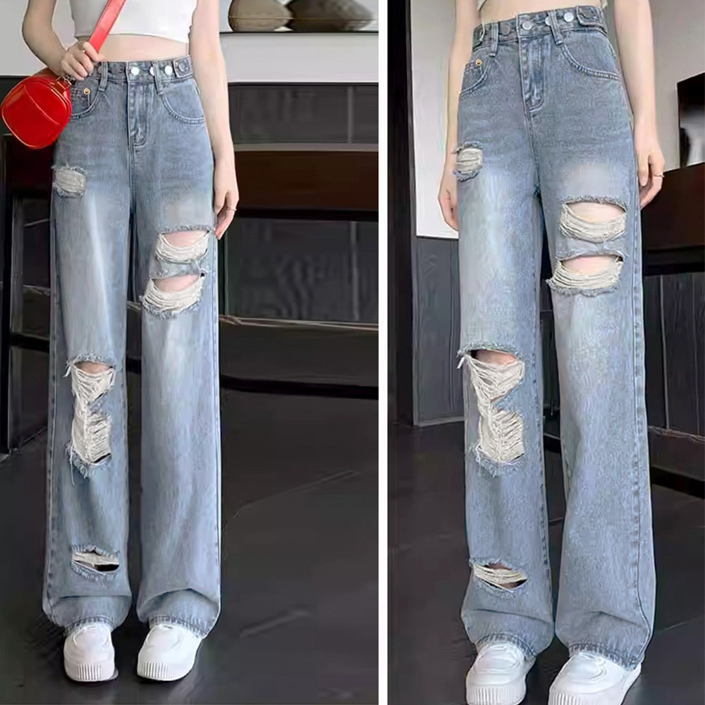 ワークパンツ ハイウエスト ダメージ加工 デニムパンツ 美脚効果