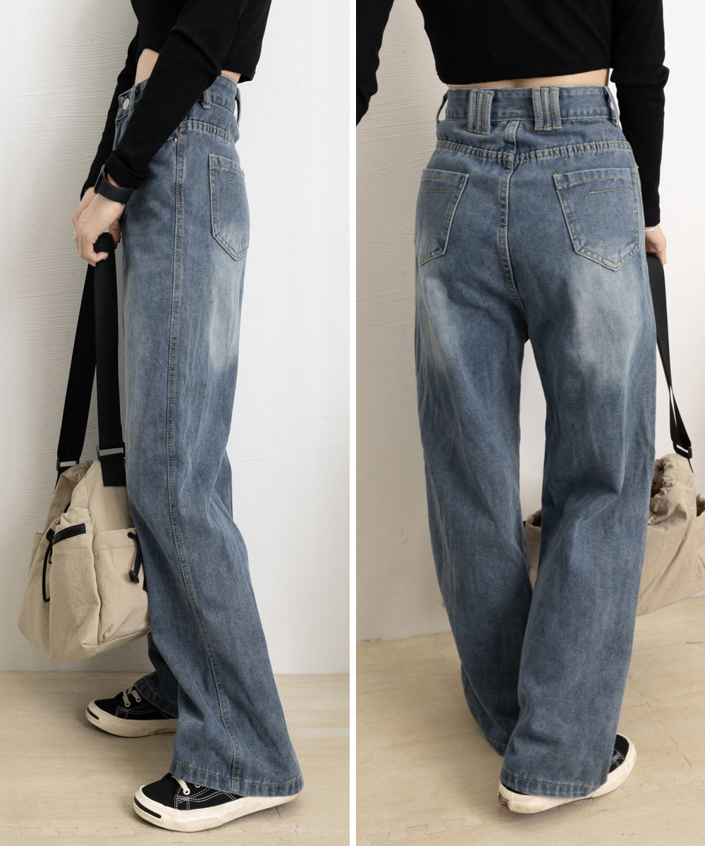 ワークパンツ レトロ風ハイウエストデニム 美脚ワイドパンツ