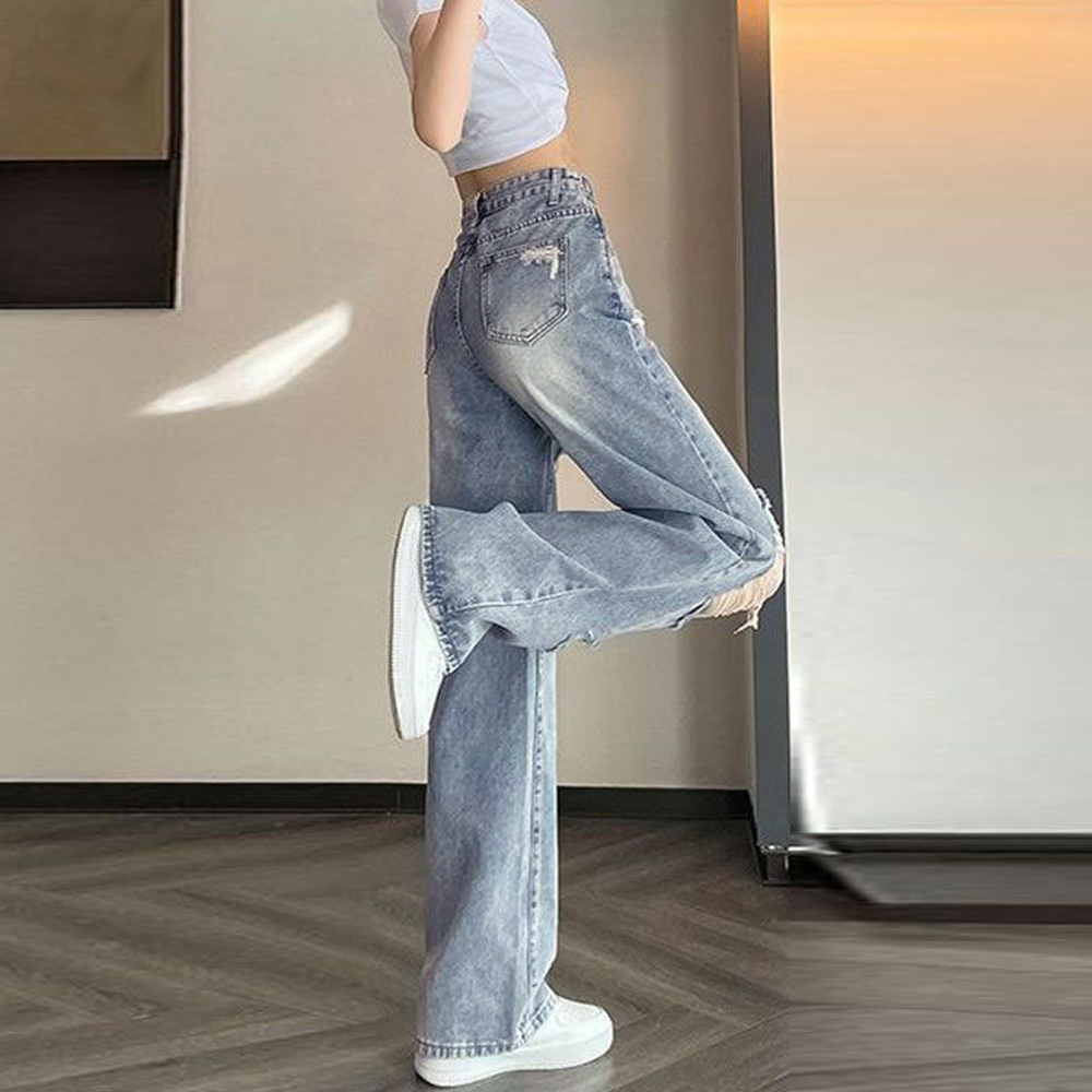 ワークパンツ ハイウエスト ダメージ加工 デニムパンツ 美脚効果
