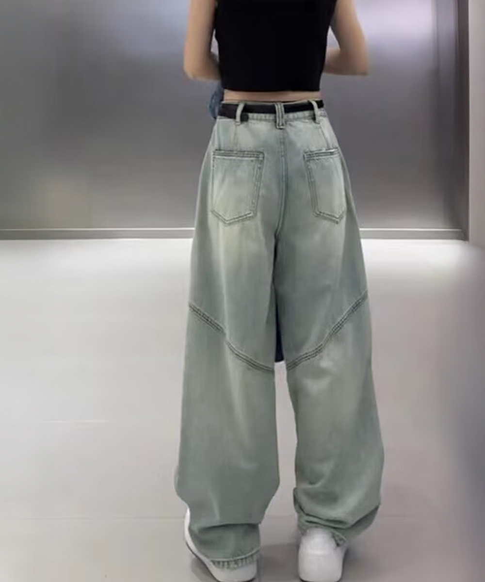 ワークパンツ レトロ風ワイドデニムパンツ 美脚バギー