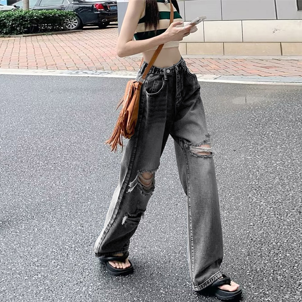 ワークパンツ ハイウエストクラッシュデニム レディース