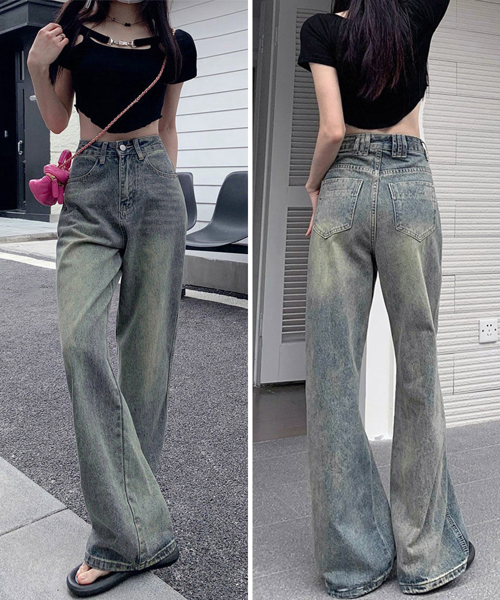 ワークパンツ レトロ風ハイウエストデニム 美脚ワイドパンツ