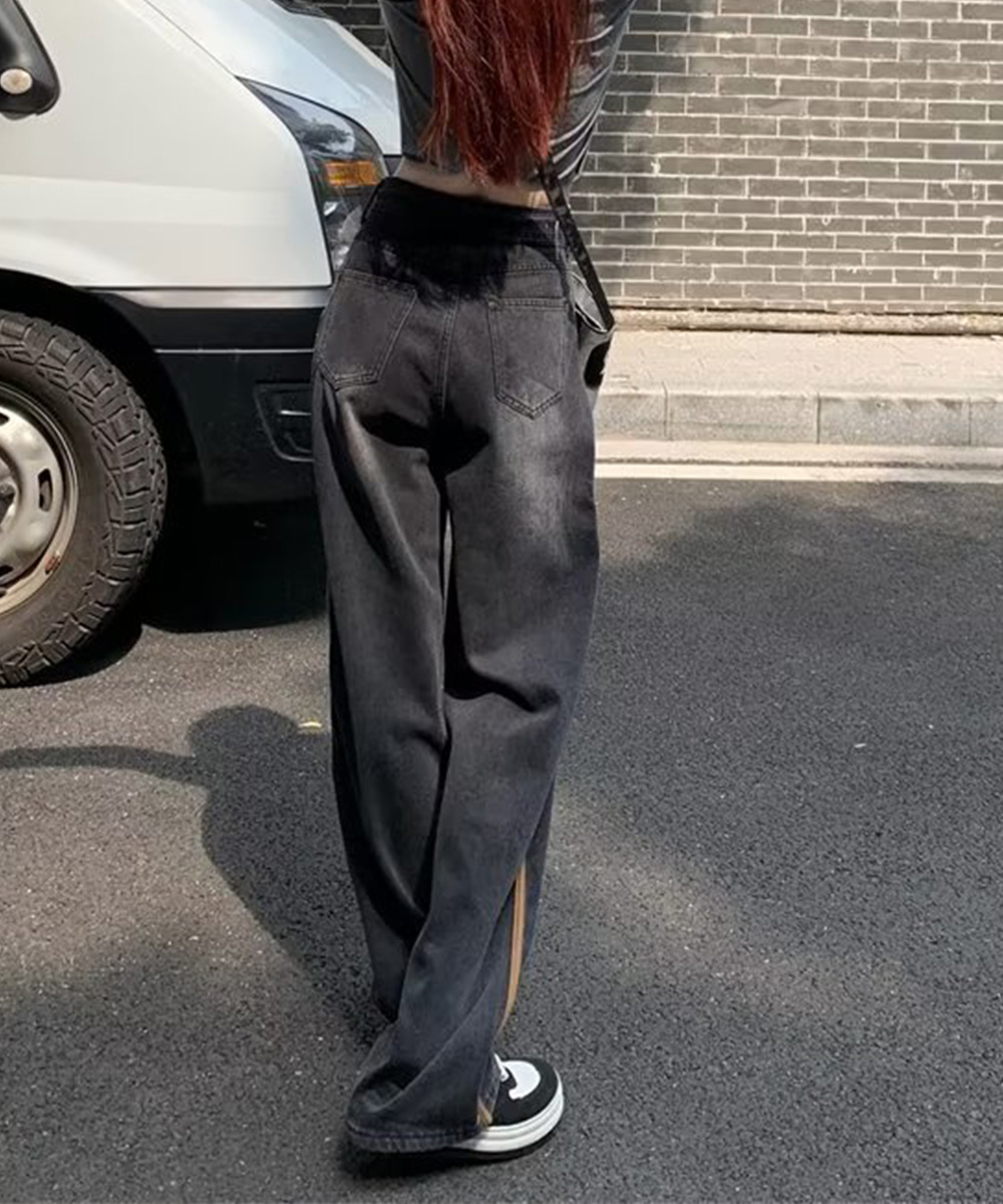ハイウエストデニム サイドライン美脚ワークパンツ