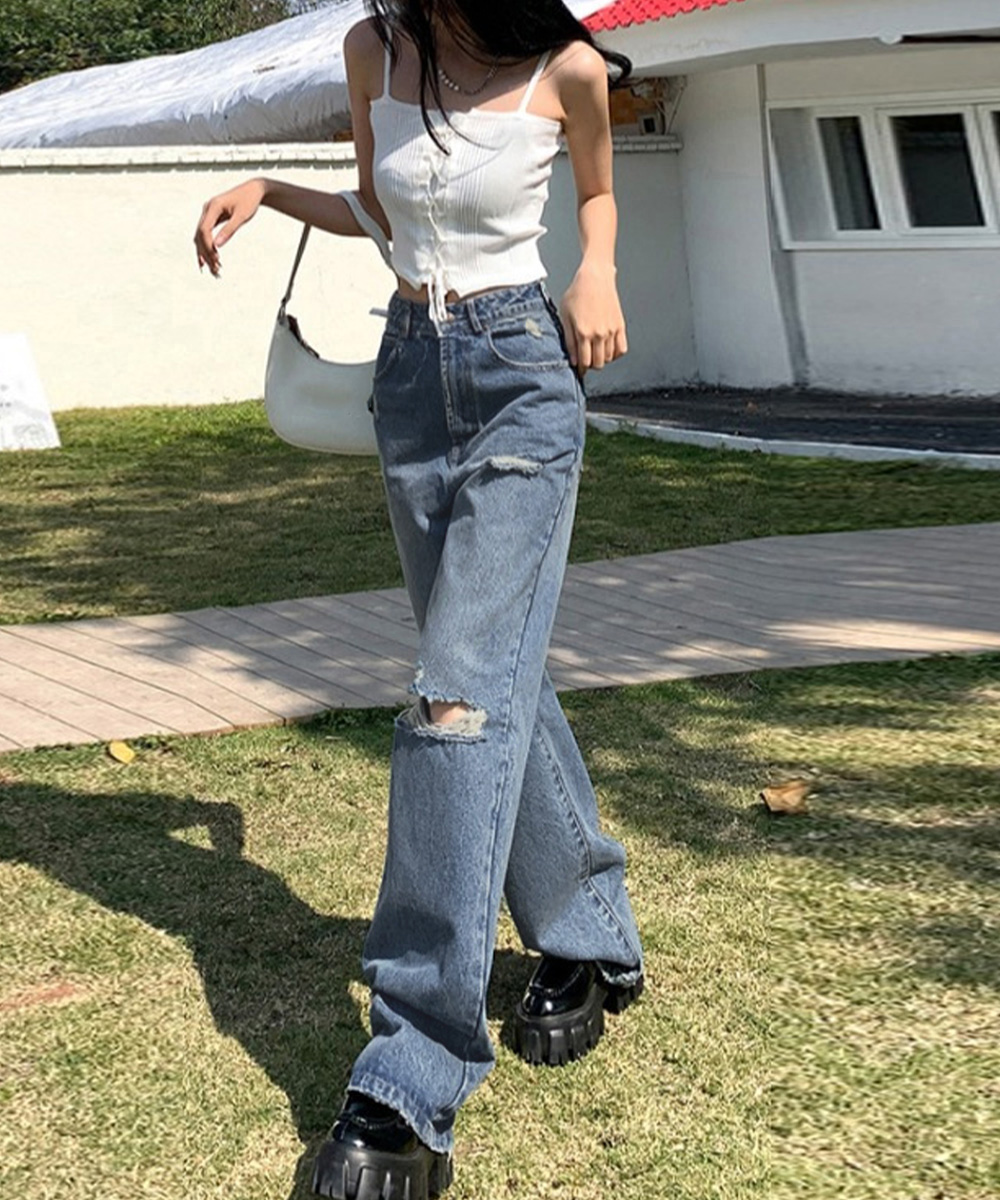 ワークパンツ ハイウエストダメージデニム レディース美脚