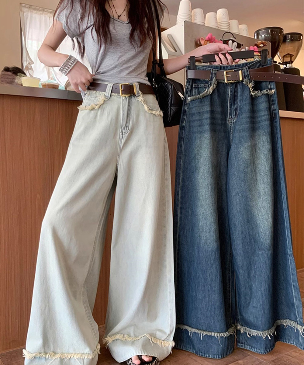 ワークパンツ フリンジ加工 ハイウエストデニムワイドパンツ