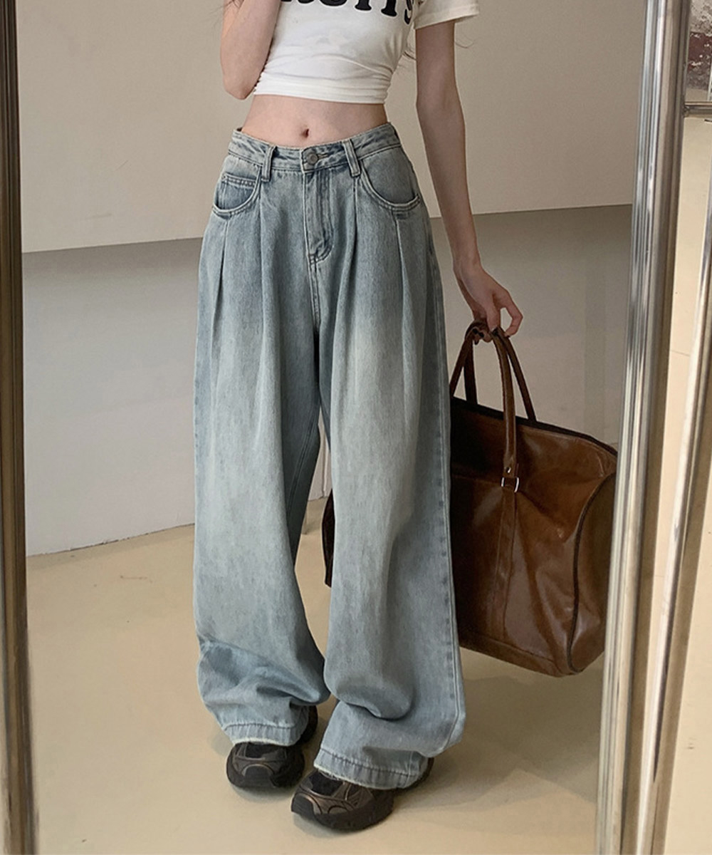 ワークパンツ タック入り美脚デニムワイドパンツ