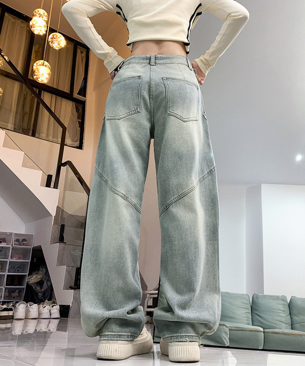 ワークパンツ レトロ風ワイドデニムパンツ 美脚バギー