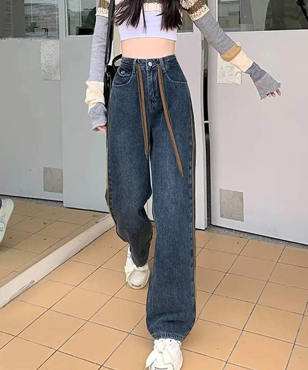 ハイウエストデニム サイドライン美脚ワークパンツ