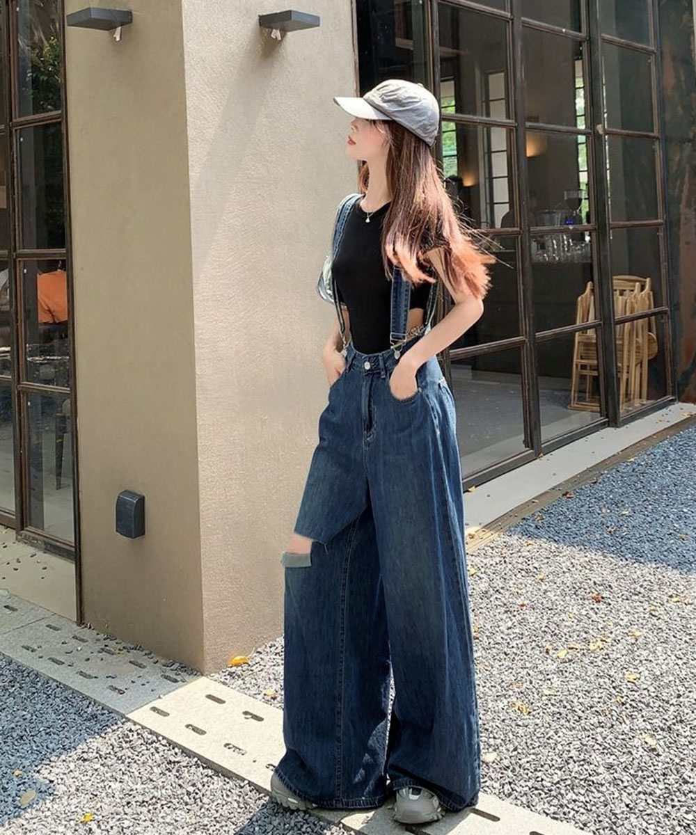 ワークパンツ スリット入りハイウエストデニムサス付きワイドパンツ