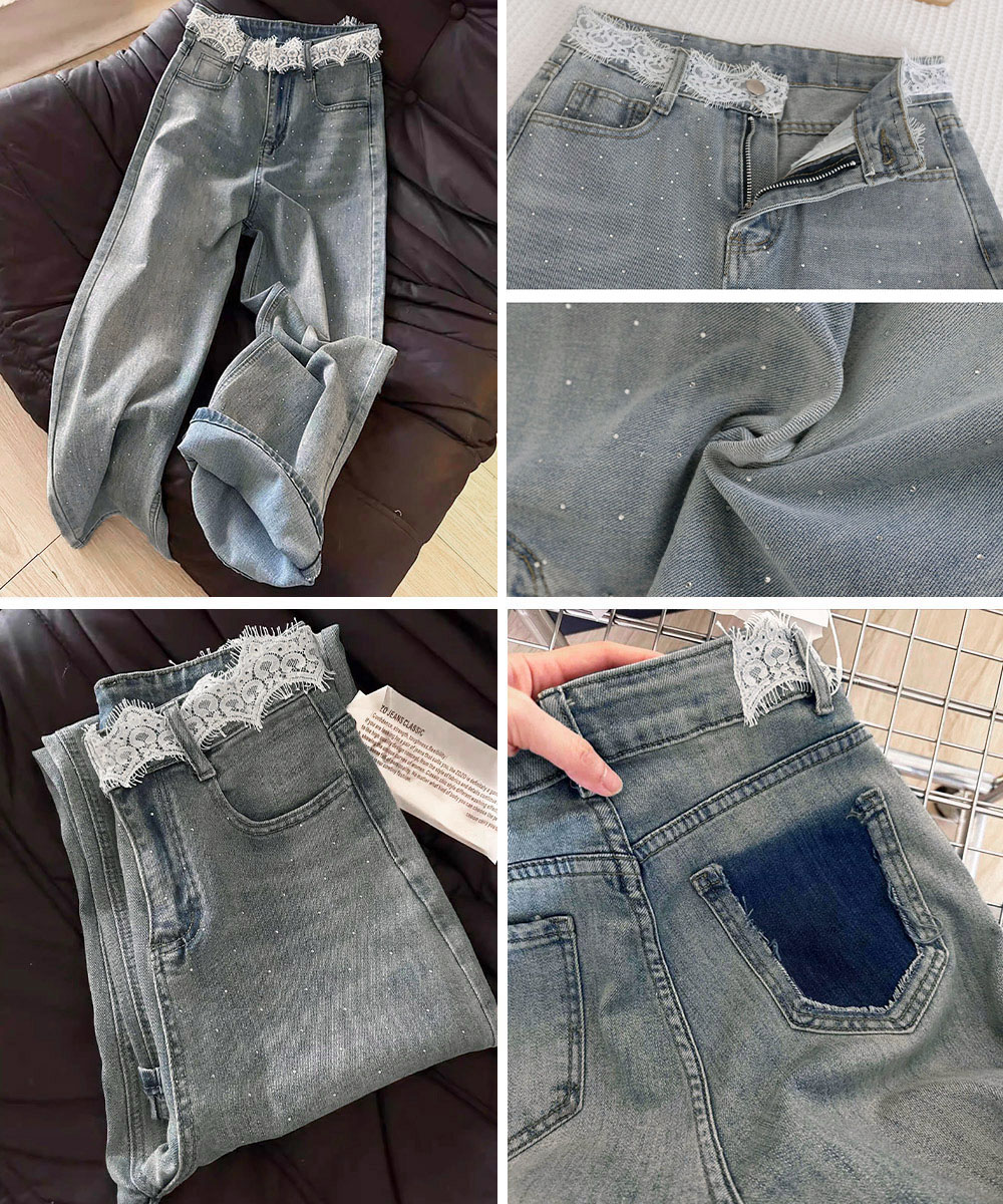 ワークパンツ レース装飾 キラキラ華やかデニムパンツ