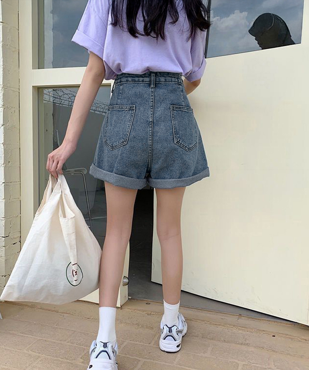 ワークパンツ ハイウエストデニムショートパンツ 美脚 調節可能