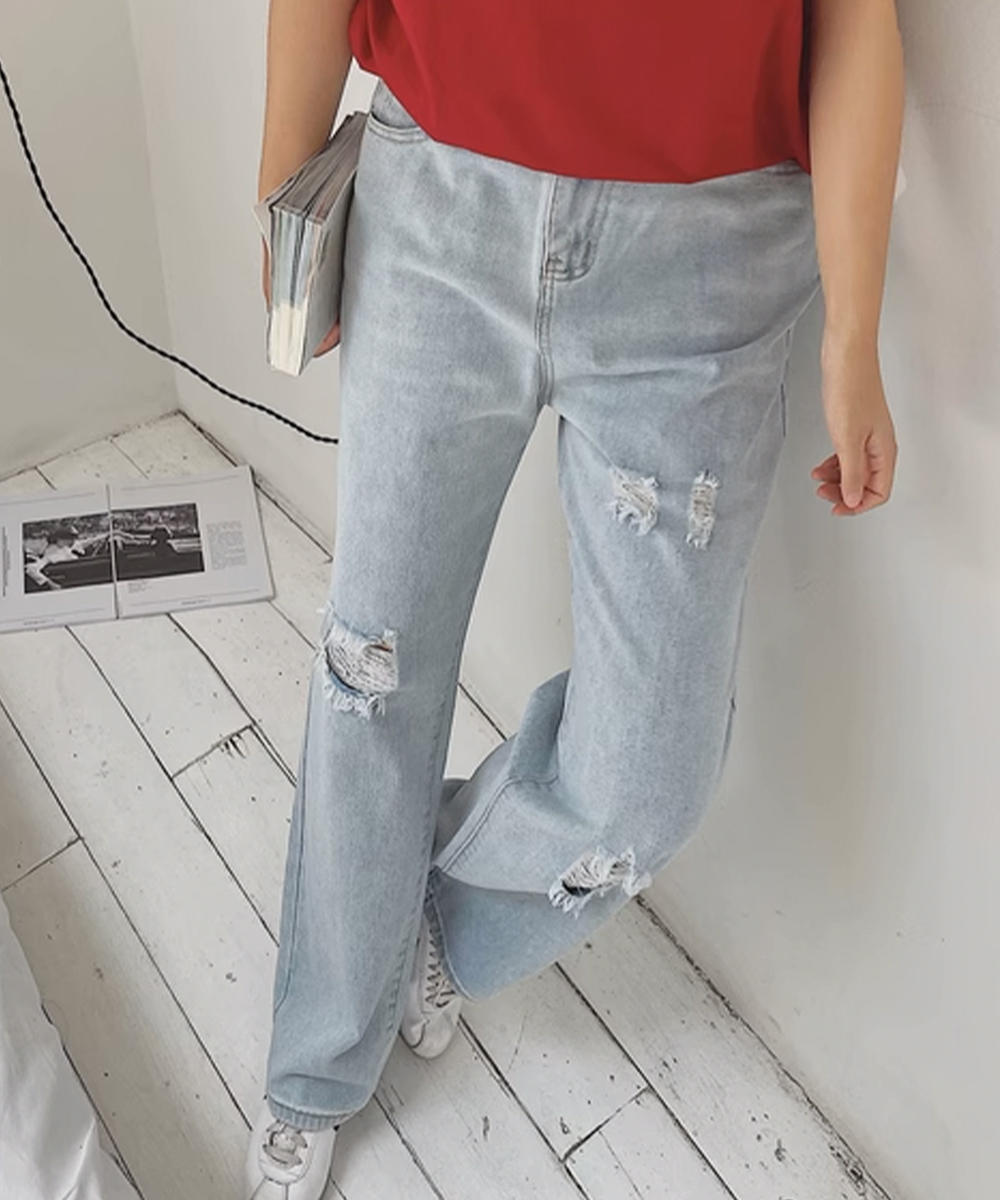 ワークパンツ ハイウエストワイドデニム ダメージ加工 脚長効果