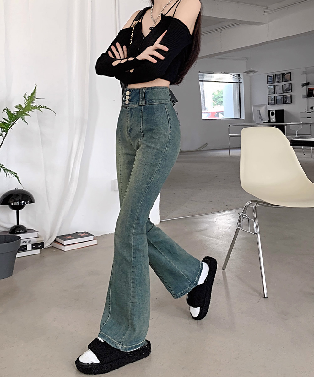 ワークパンツ レトロ風 ハイウエストセミフレアデニム