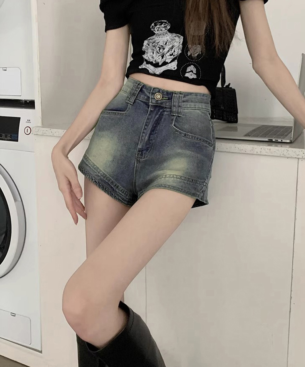 ワークパンツ ハイウエストデニムショートパンツ 美脚効果