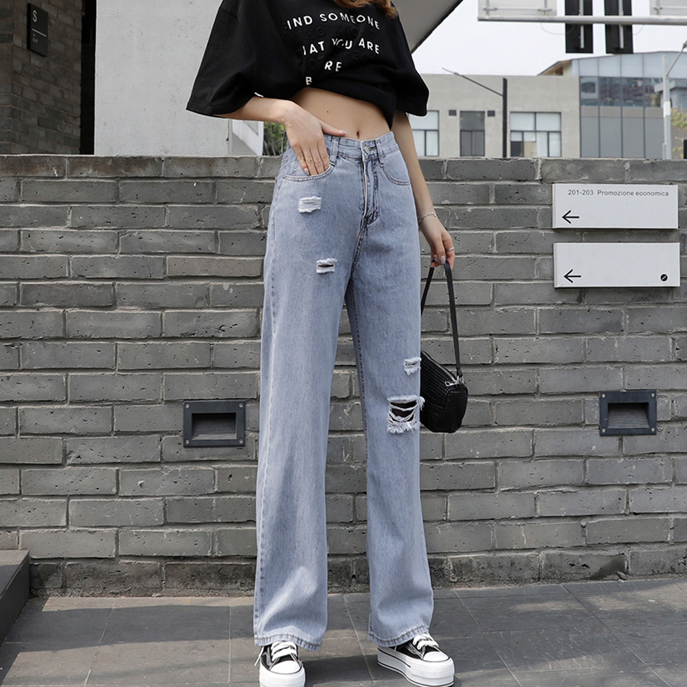 ワークパンツ 韓国風 ダメージデニム ハイウエストストレート
