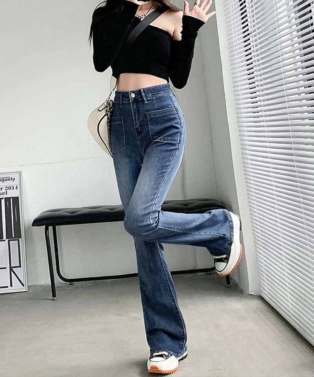 ワークパンツ 美脚効果 ハイウエストセミフレアデニム
