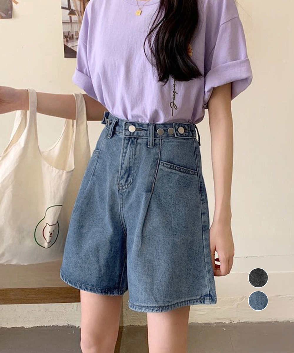 ワークパンツ ハイウエストデニムショートパンツ 美脚 調節可能