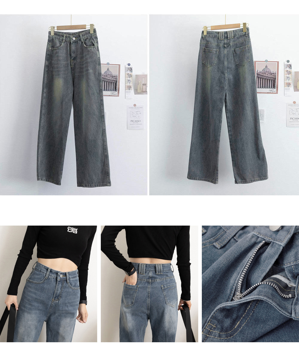 ワークパンツ レトロ風ハイウエストデニム 美脚ワイドパンツ