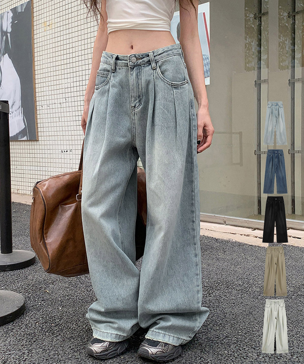 ワークパンツ タック入り美脚デニムワイドパンツ