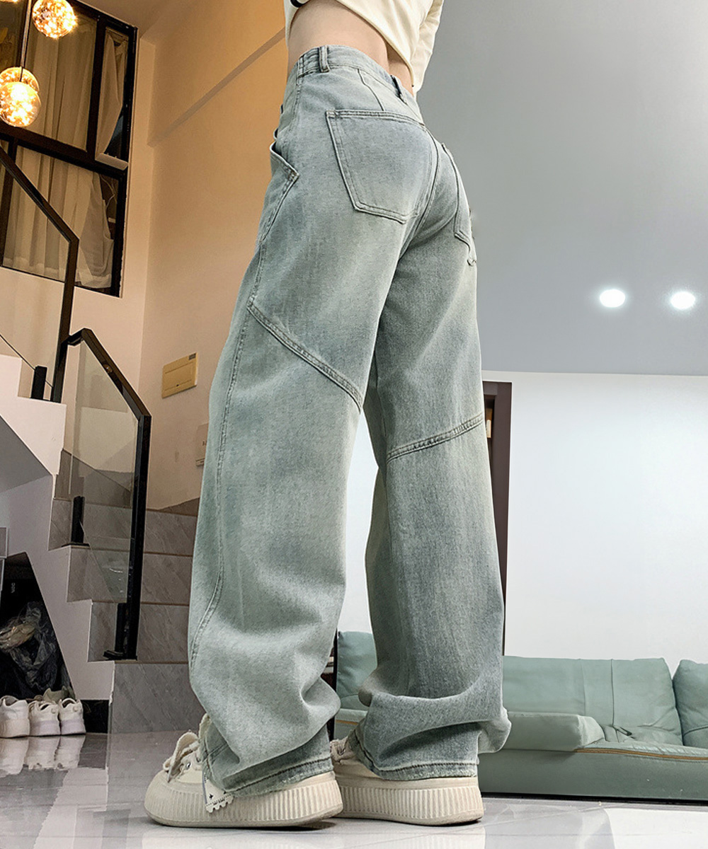 ワークパンツ レトロ風ワイドデニムパンツ 美脚バギー