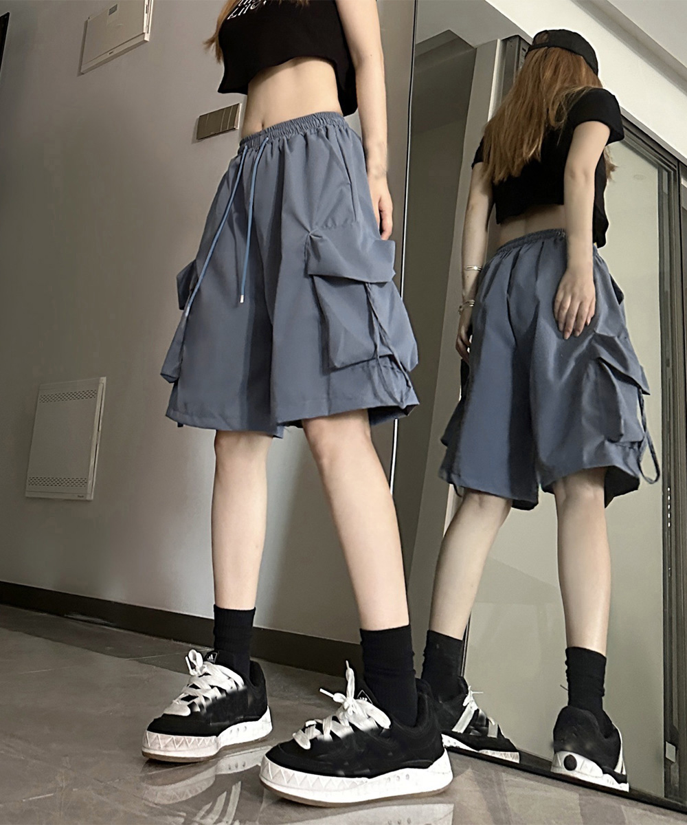 ワークパンツ ハイウエストカーゴパンツ 5分丈ゆったりショート