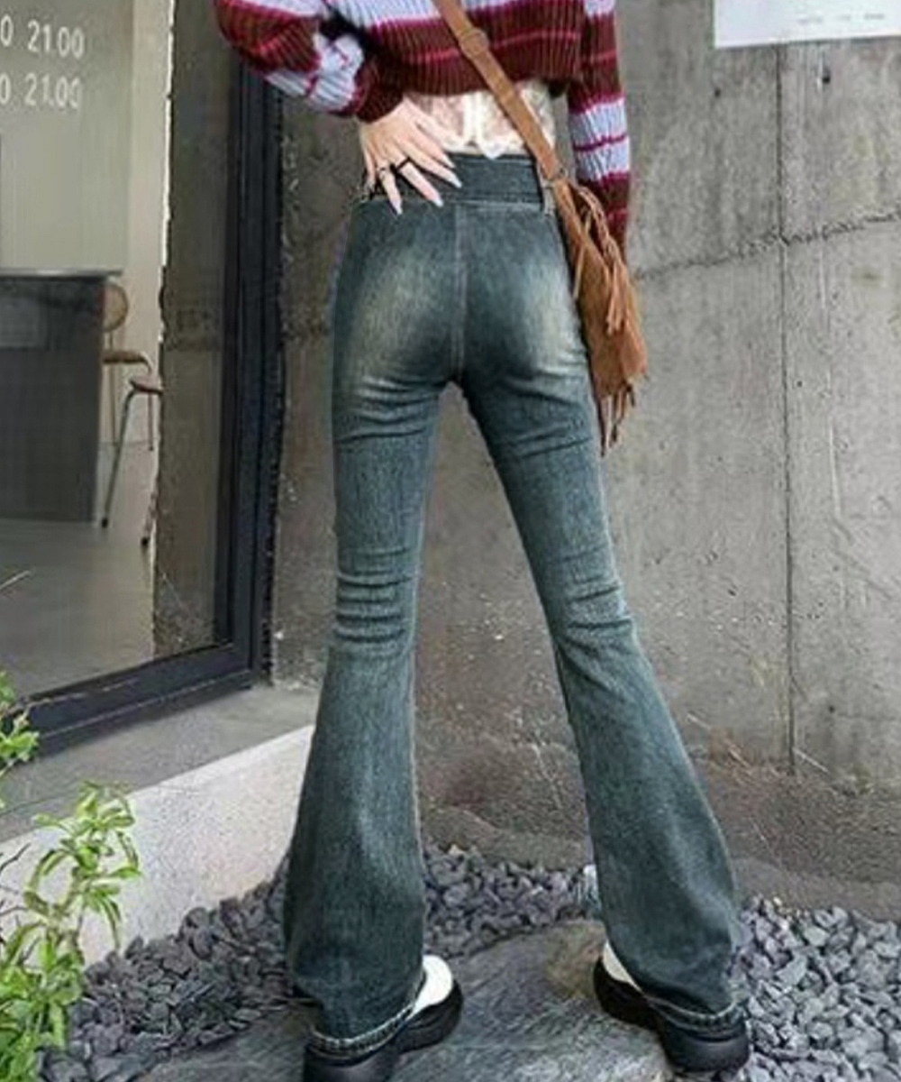 ワークパンツ レトロ風 ハイウエストセミフレアデニム