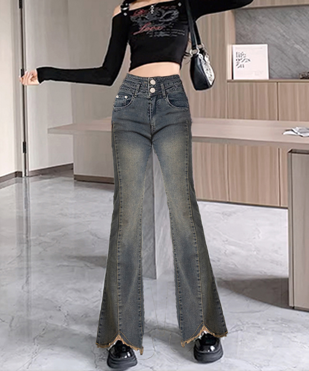 ワークパンツ ハイウエスト美脚フレアデニムパンツ