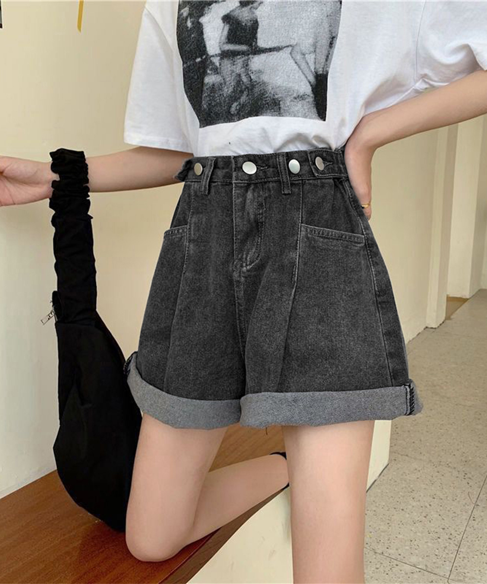 ワークパンツ ハイウエストデニムショートパンツ 美脚 調節可能