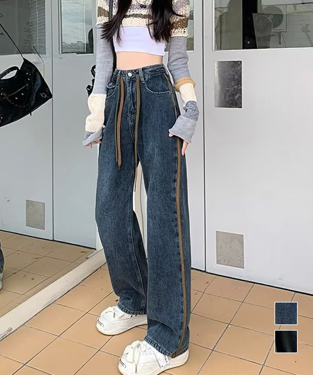ハイウエストデニム サイドライン美脚ワークパンツ
