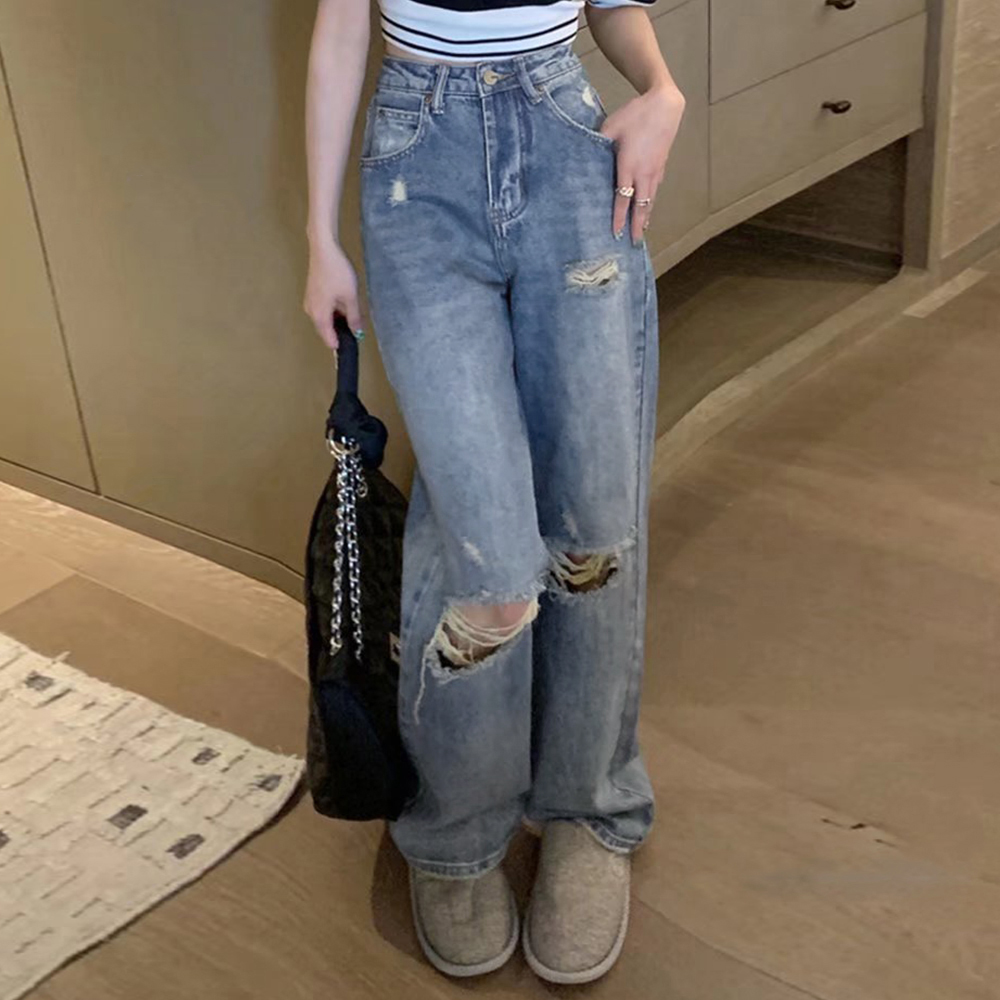 ワークパンツ ハイウエスト美脚ダメージデニム