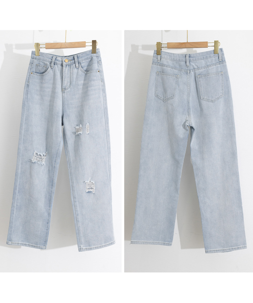 ワークパンツ ハイウエストワイドデニム ダメージ加工 脚長効果