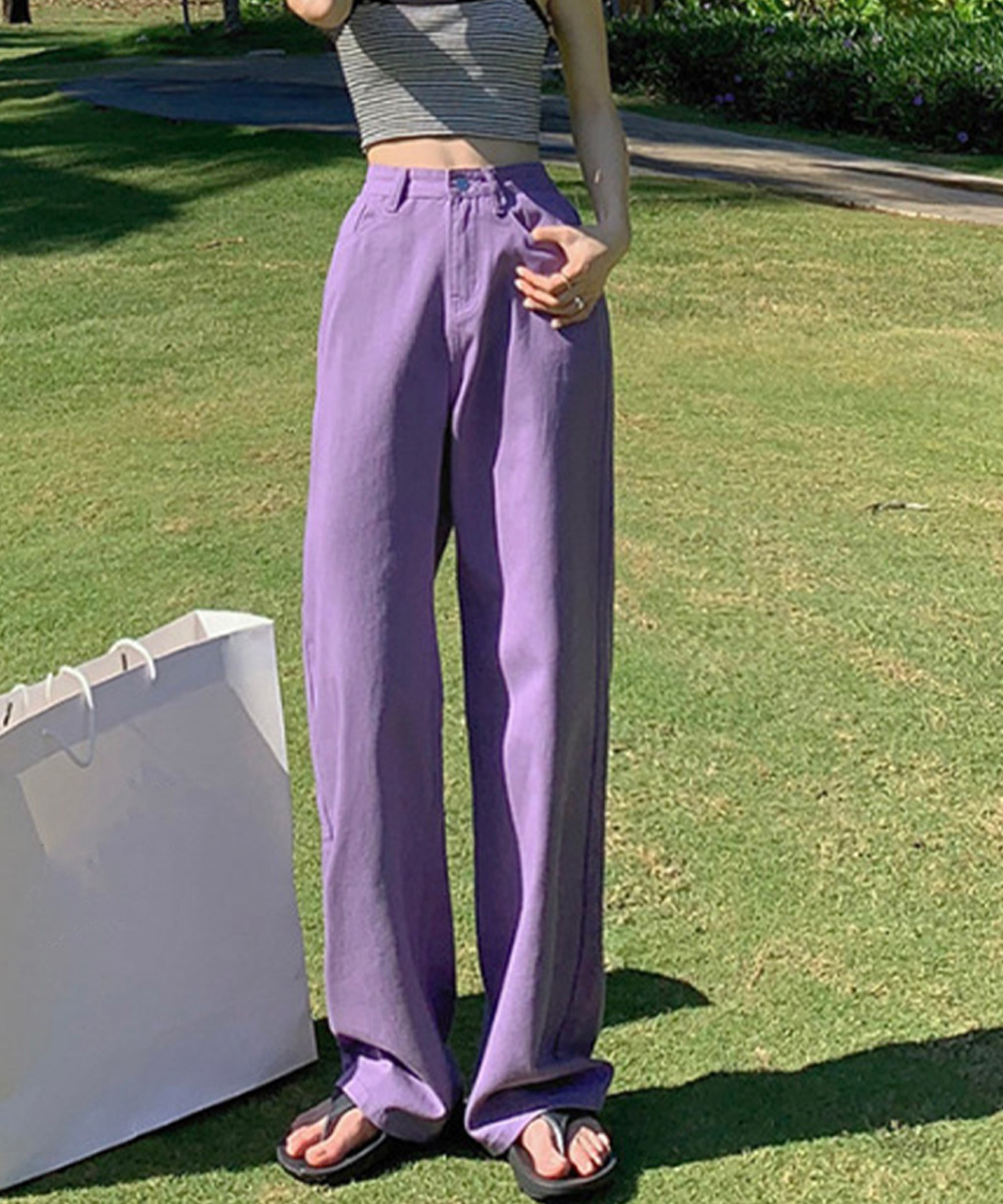 ワークパンツ カラフルハイウエストデニムパンツ 美脚効果