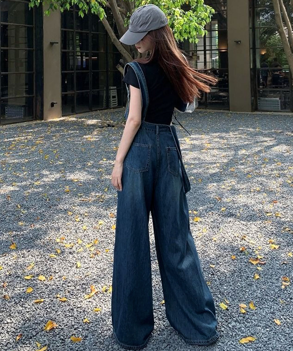 ワークパンツ スリット入りハイウエストデニムサス付きワイドパンツ