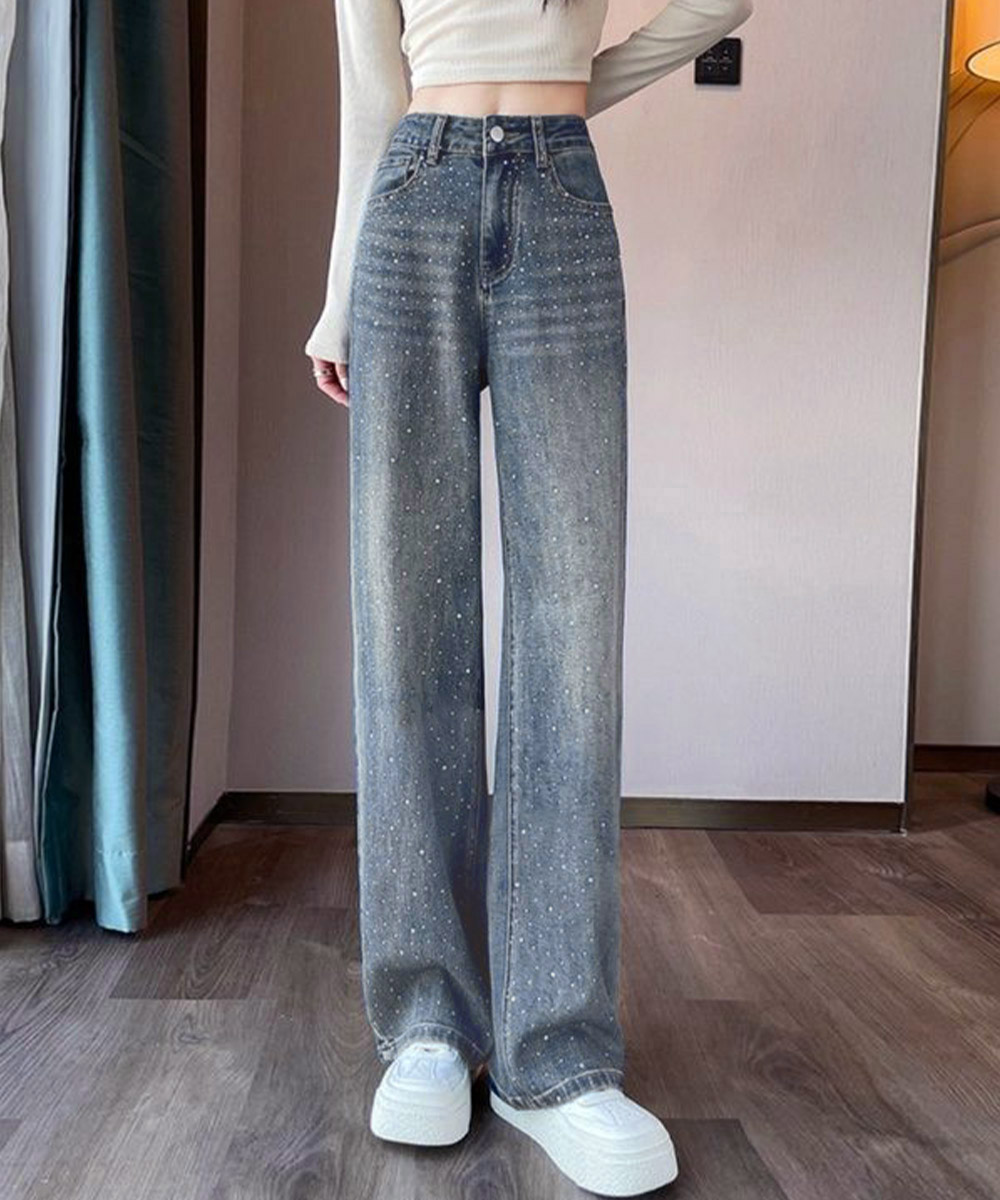 ワークパンツ 輝くラインストーンデニムパンツ
