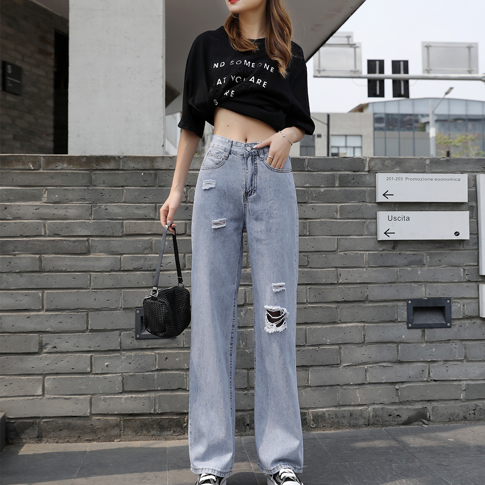 ワークパンツ 韓国風 ダメージデニム ハイウエストストレート