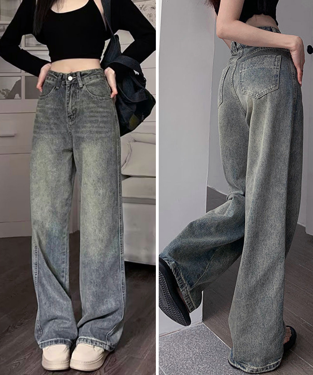 ワークパンツ レトロ風ハイウエストデニム 美脚ワイドパンツ