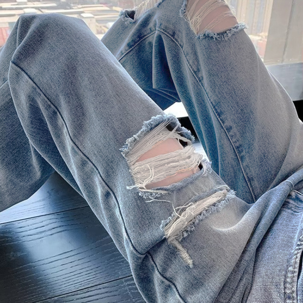 ワークパンツ ハイウエスト ダメージ加工 デニムパンツ 美脚効果