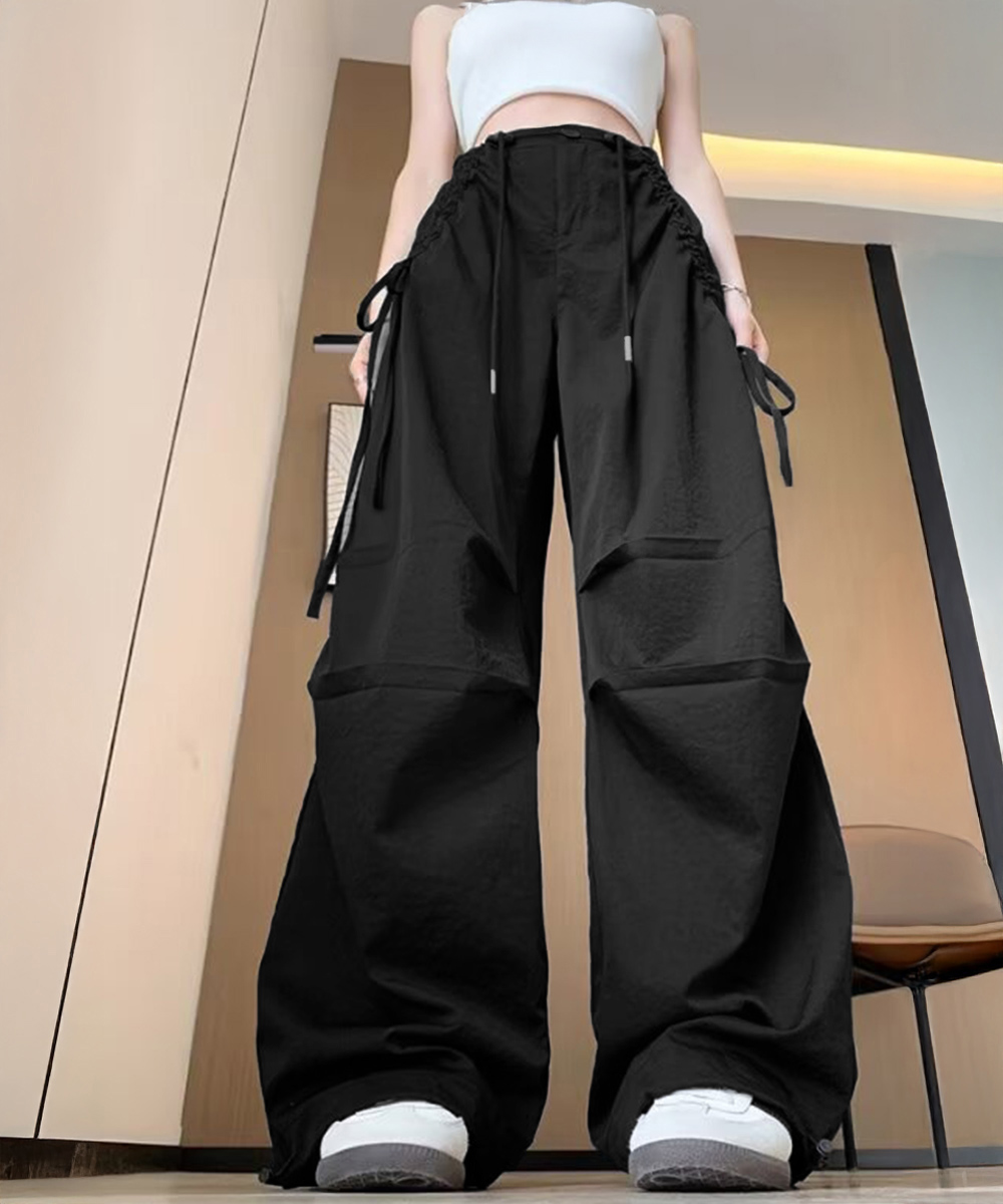 ワークパンツ サイドリボン ワイド カーゴパンツ レディース
