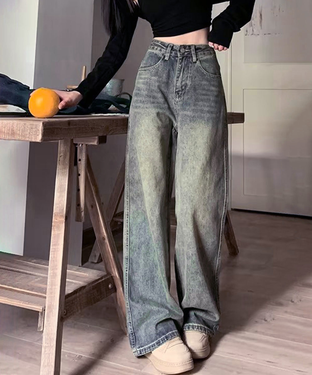 ワークパンツ レトロ風ハイウエストデニム 美脚ワイドパンツ