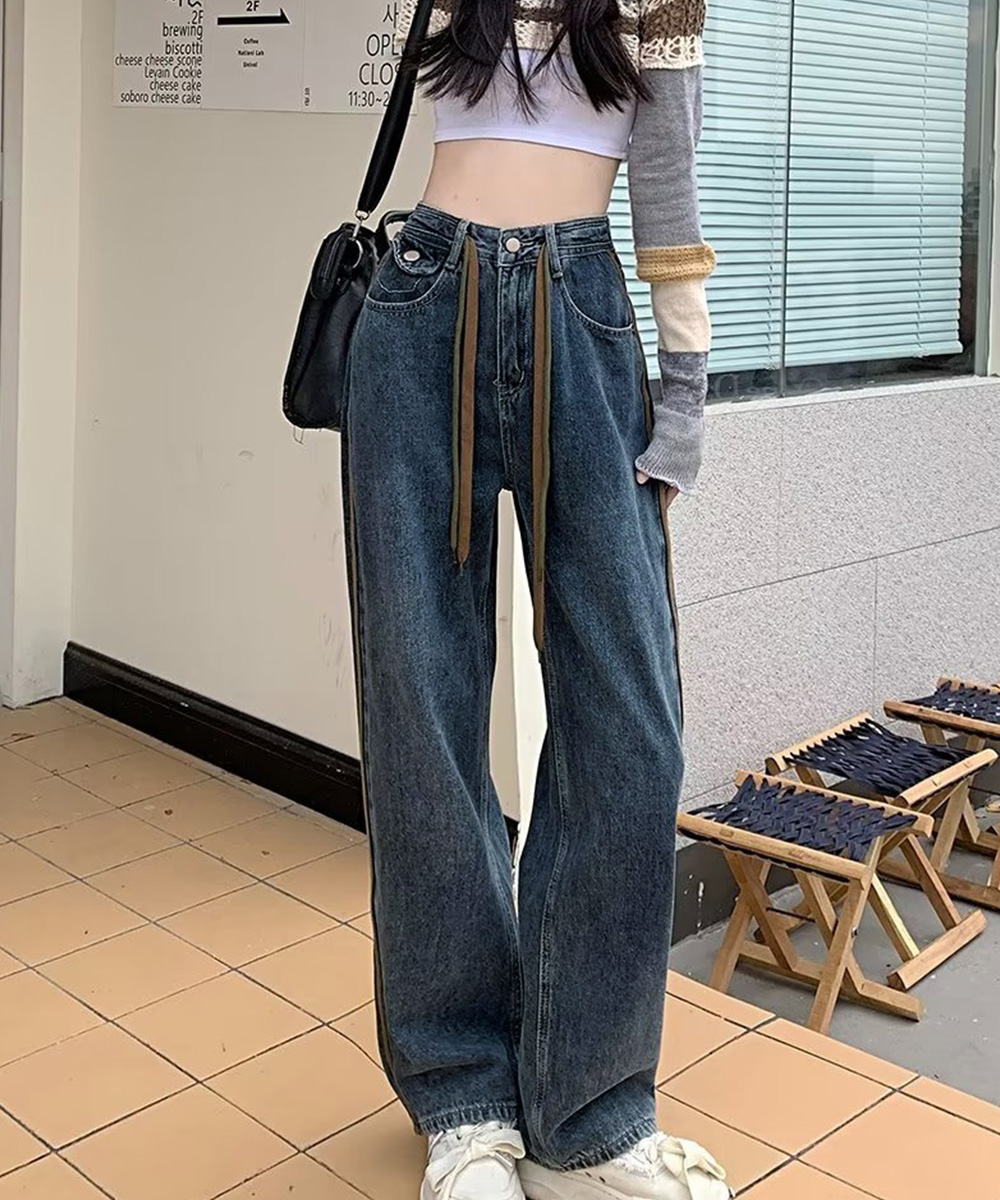 ハイウエストデニム サイドライン美脚ワークパンツ