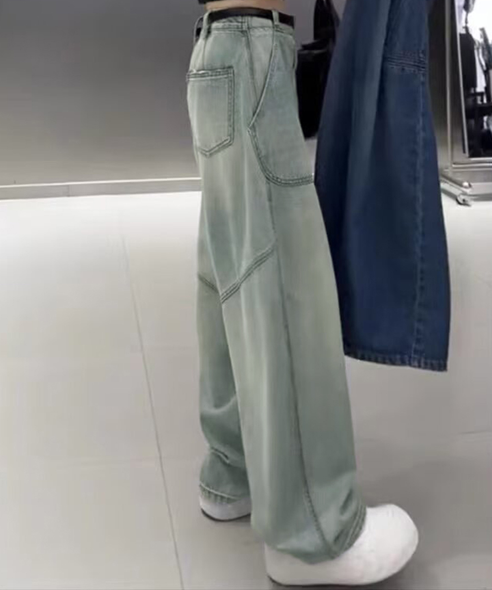 ワークパンツ レトロ風ワイドデニムパンツ 美脚バギー